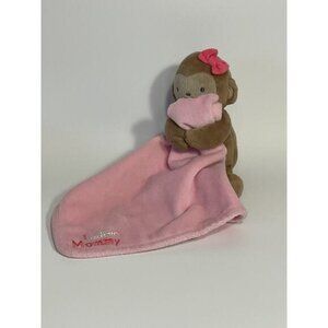Brown Monkey Lovey Rattle Holding Pink Lovey Security Pink Bow Stuffed Plush Toy